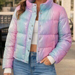 Beach Riot Iridescent Pastel Rainbow Cropped Puffer Coat Jacket Sz M